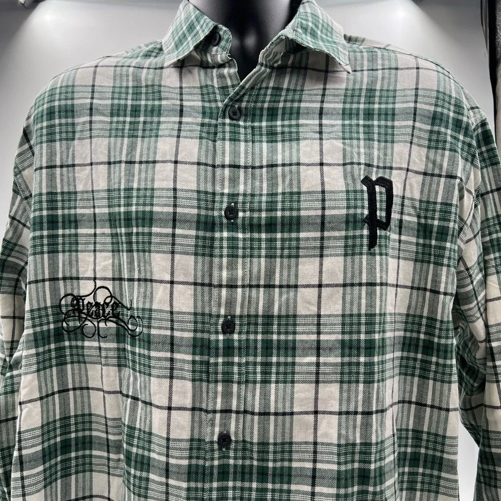 Topman‎ Mens Green White Plaid Embroidered Peace Flannel Button Down Shirt S NEW